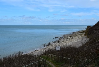 Un petit chemin descend  la plage de galets