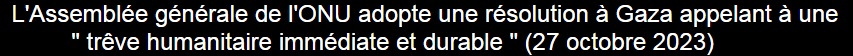 L'Assemble gnrale de l'ONU adopte une rsolution  Gaza appelant  une " trve humanitaire  immdiate et durable " (27 octobre 2023)